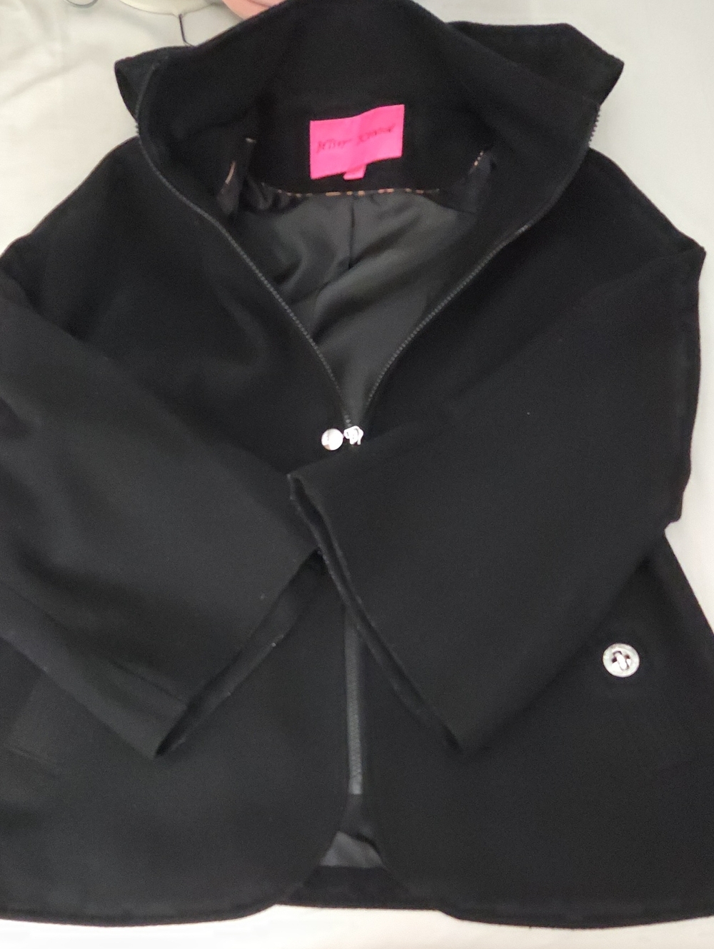 Betsey Johnson Black Wool Zip-Front Blazer Jacket With Removable Hood